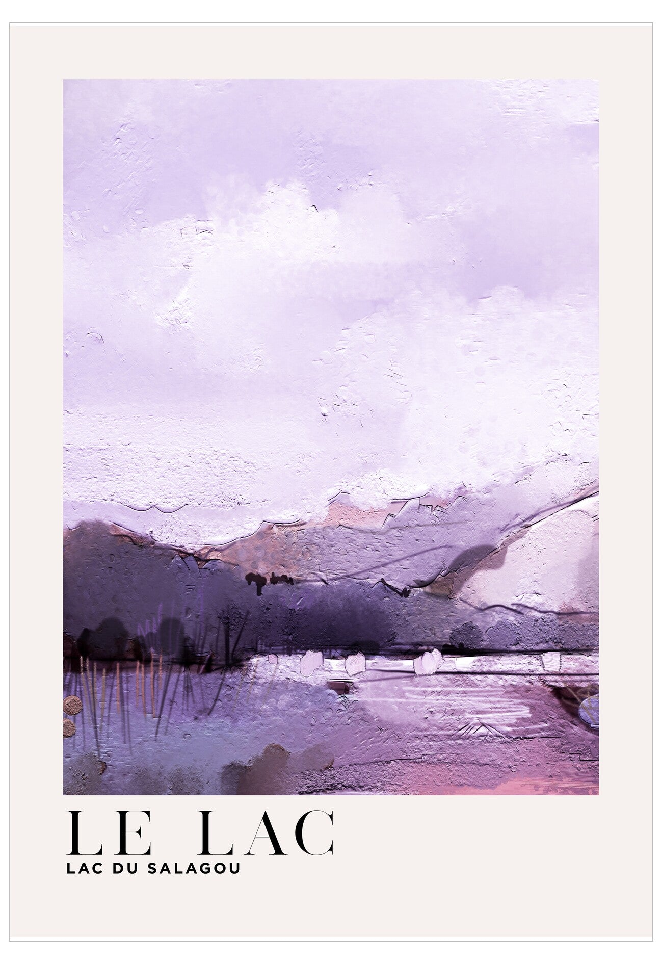 Artistic depiction of a lake with a purple and blue color scheme, featuring the text 'LE LAC Lac du Salagou'.