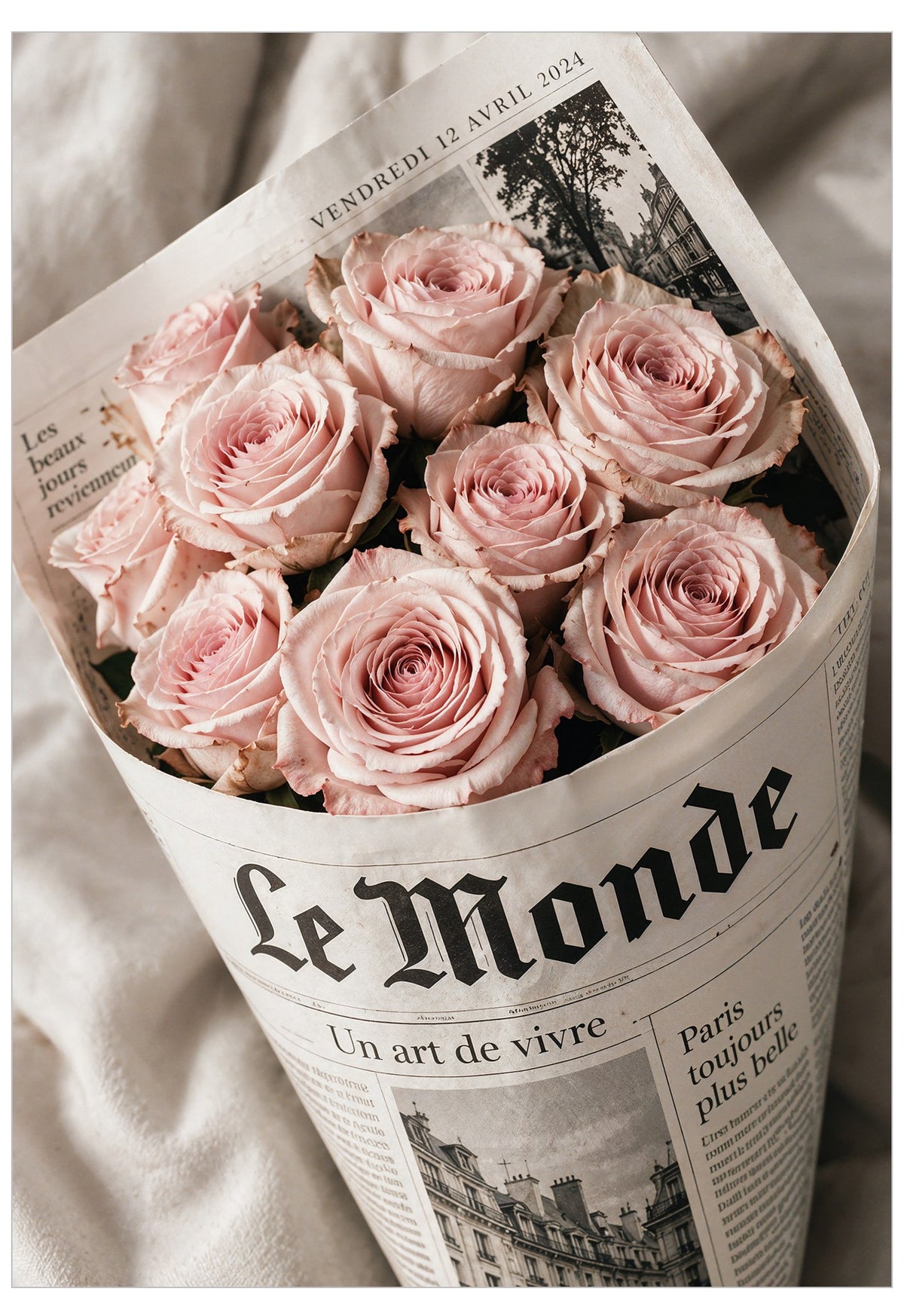 Le Monde Poster featuring a bouquet of blush pink roses wrapped in a vintage-style French newspaper, photographed against soft cream fabric.