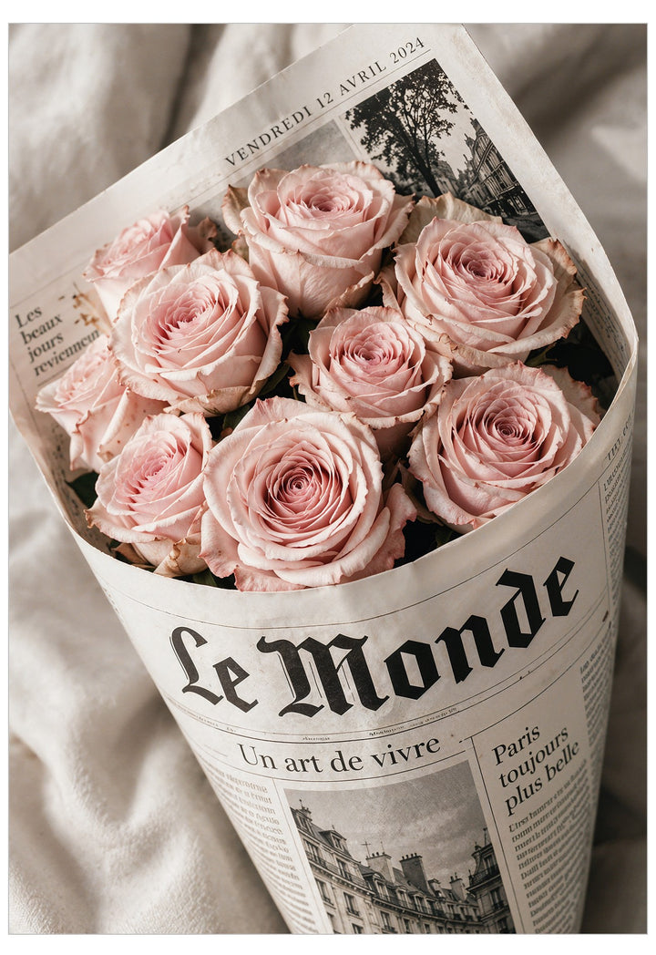Le Monde Poster featuring a bouquet of blush pink roses wrapped in a vintage-style French newspaper, photographed against soft cream fabric.