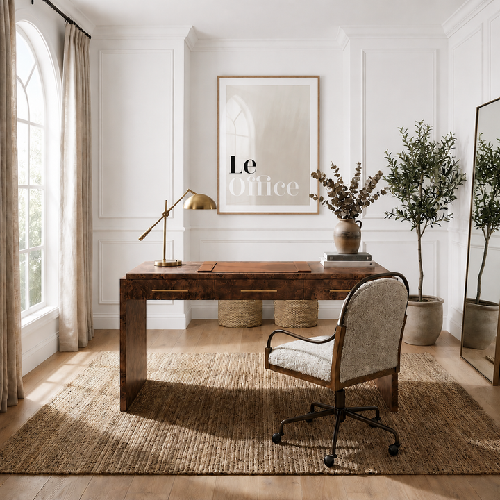 Modern home office with wooden desk, chair, and decorative elements.
