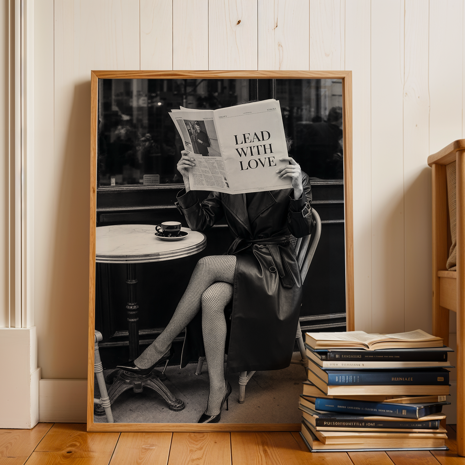 Framed black and white art print of a woman reading a newspaper in a room with books and a chair.