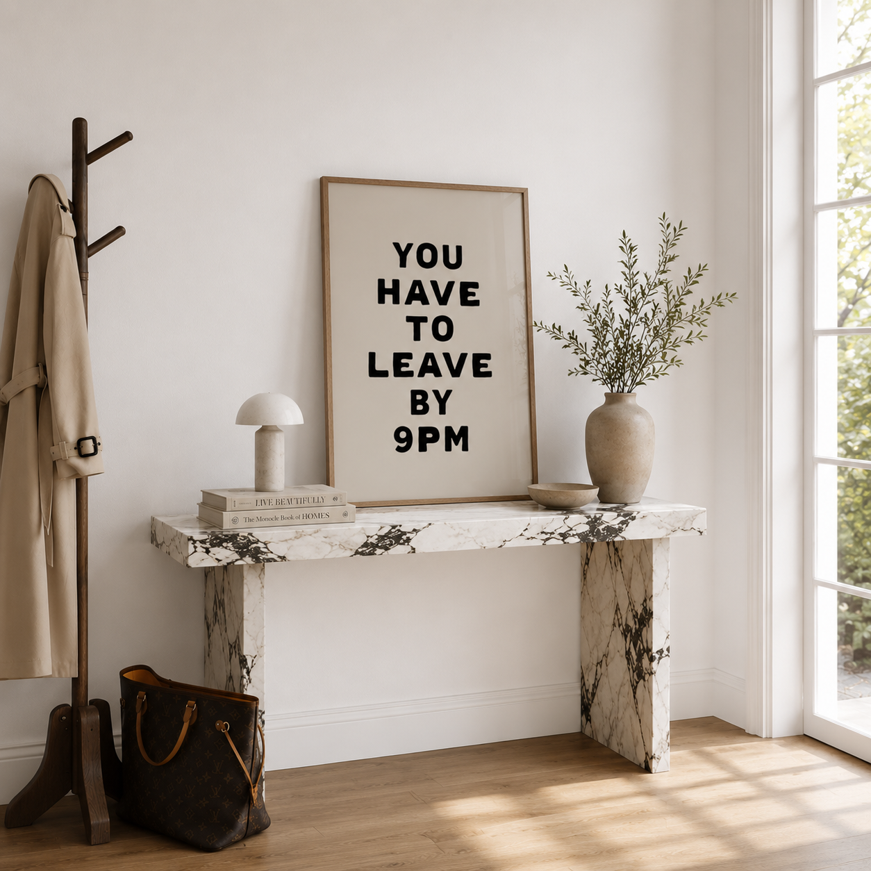 Niche with a coat rack, table, lamp, and framed quote in a bright room.