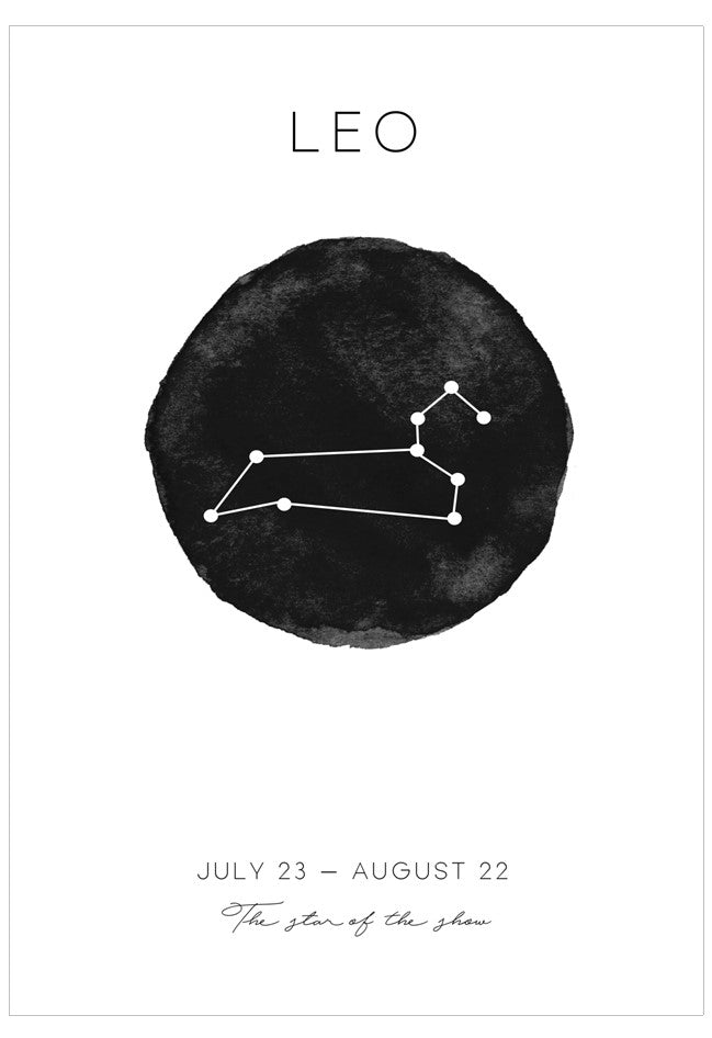 Leo zodiac sign constellation with black circle and white text on a white background