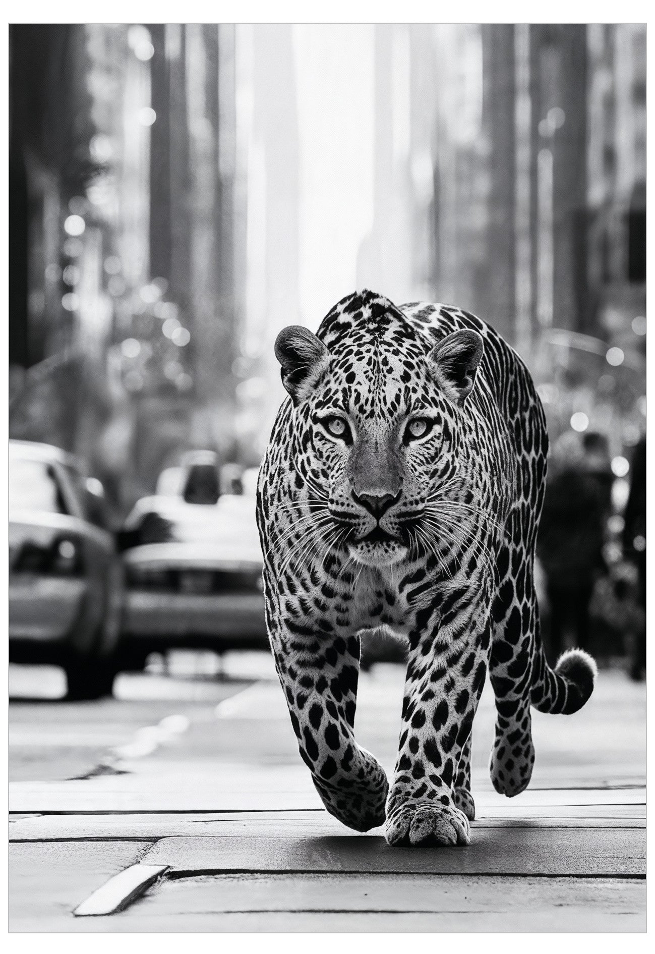 Leopard walking on a New York city street with cars and blurred trees in the background