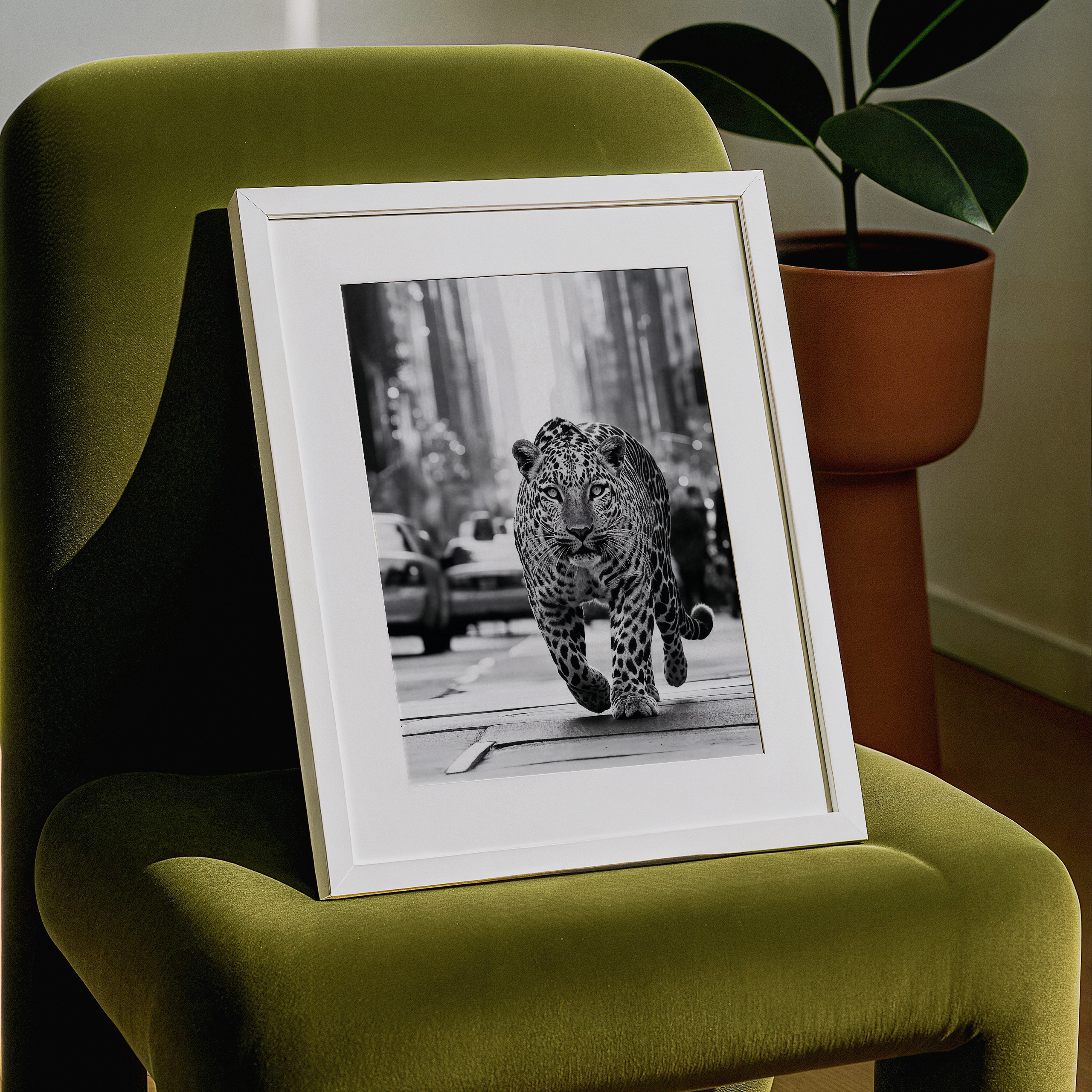 Framed black and white photo of a leopard on a green chair with a plant in the background