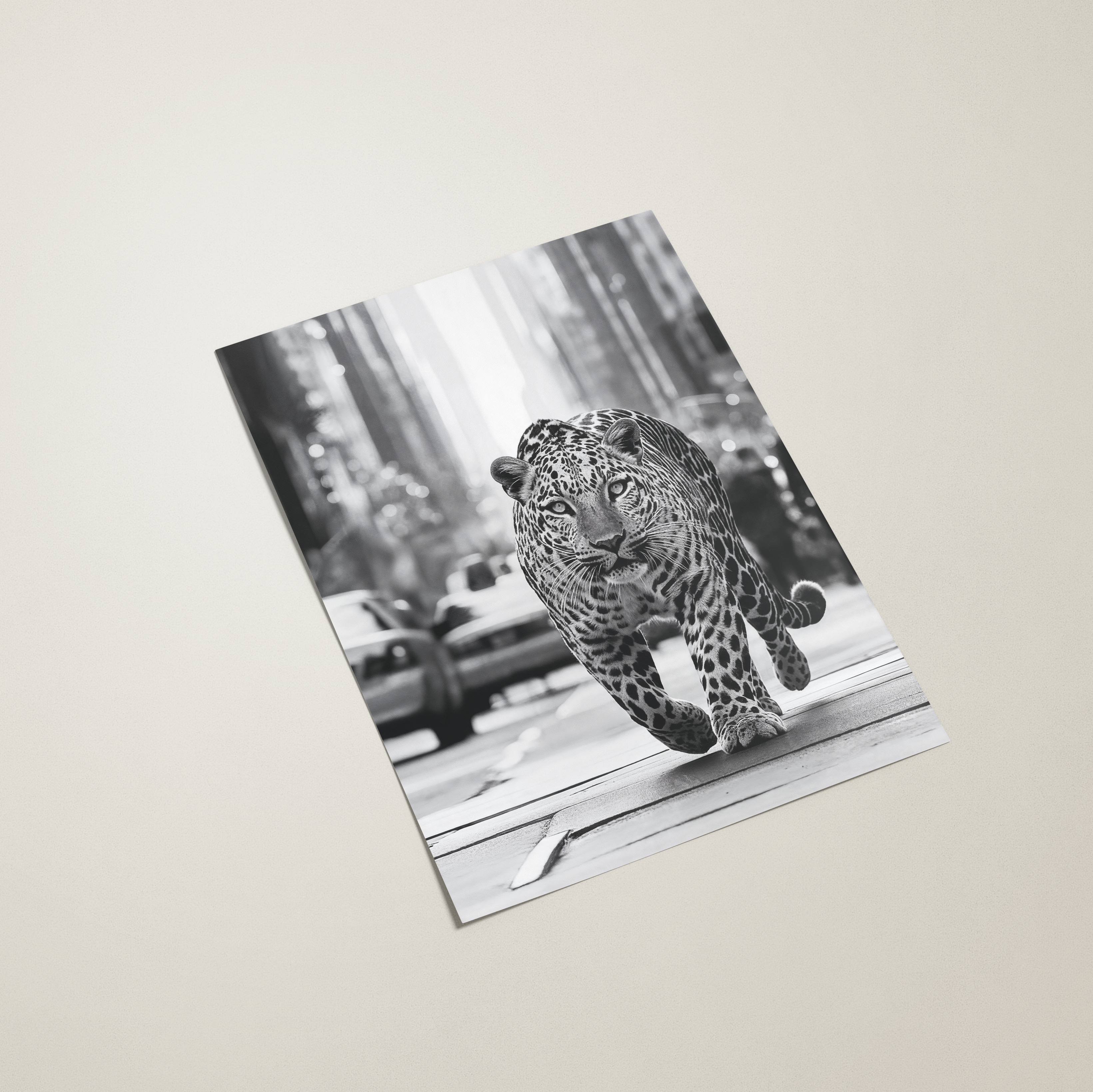 Poster with a leopard in a city on a beige background