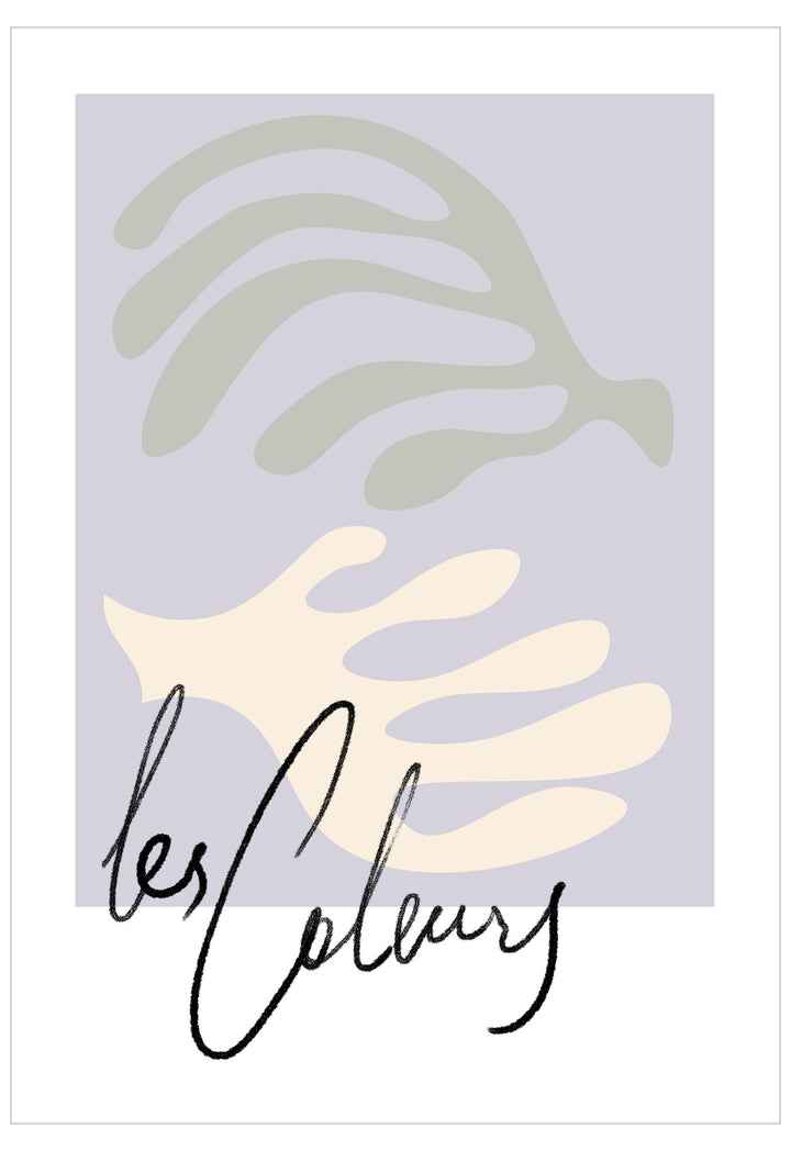 Abstract design with wavy lines and 'les couleurs' text on a light purple background