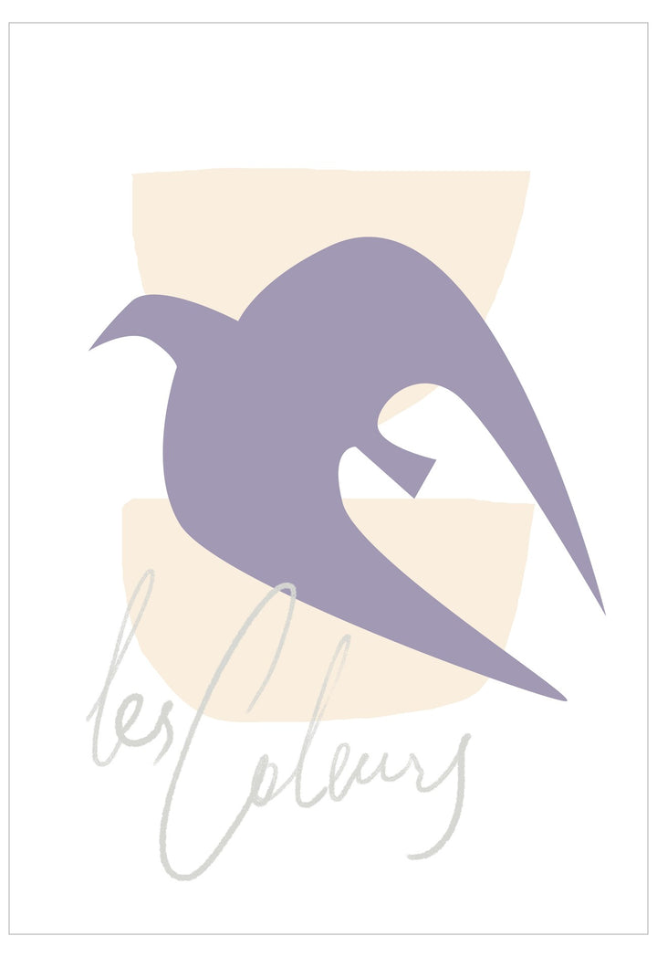 Purple bird silhouette on a beige background with 'les oiseaux' text