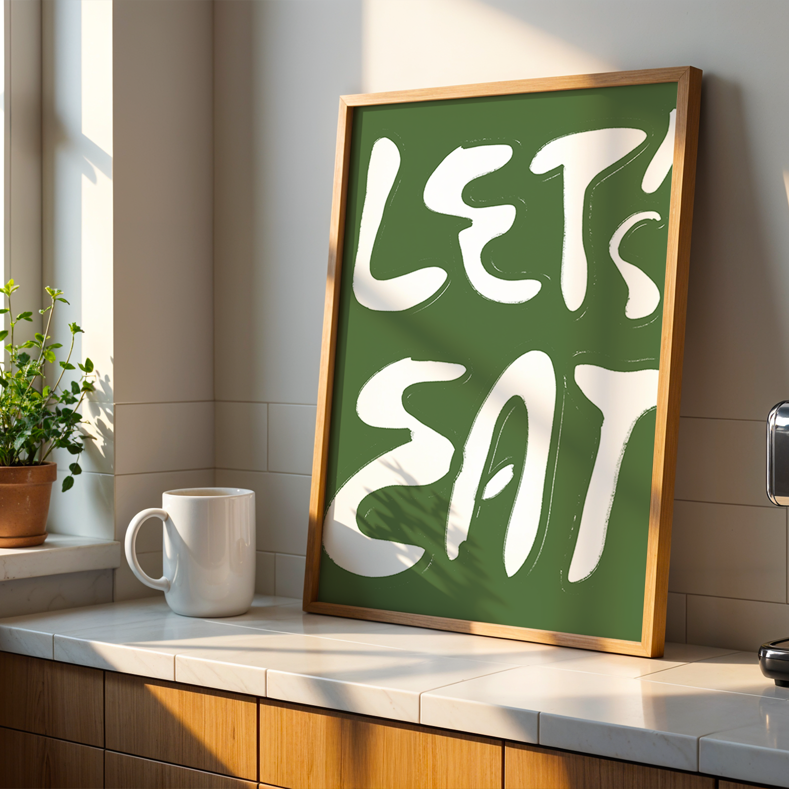 Kitchen counter with a 'LET'S EAT' sign, mug, and coffee machine.
