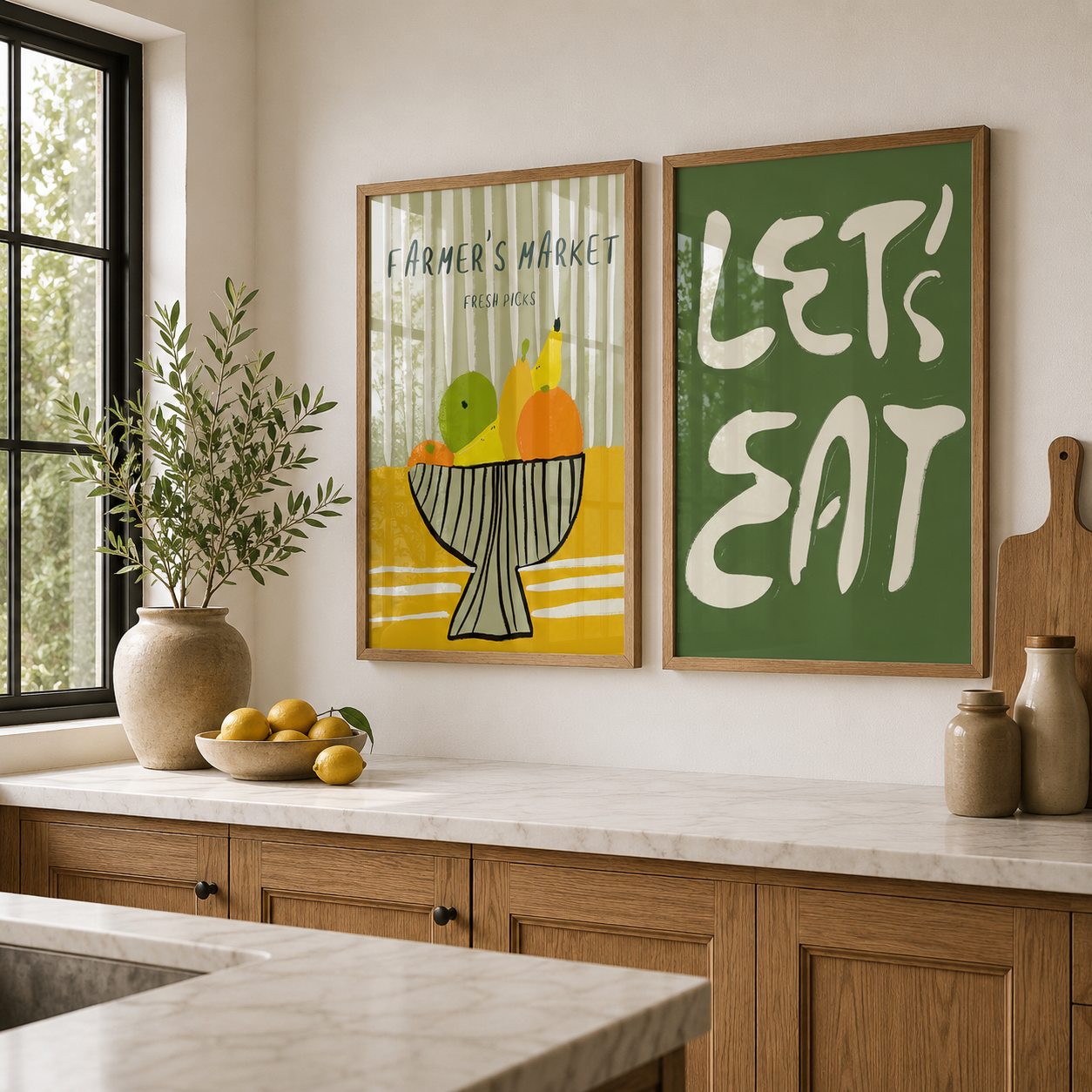 Kitchen interior with 'Let's Eat' and 'Farmer's Market' posters on a wall.