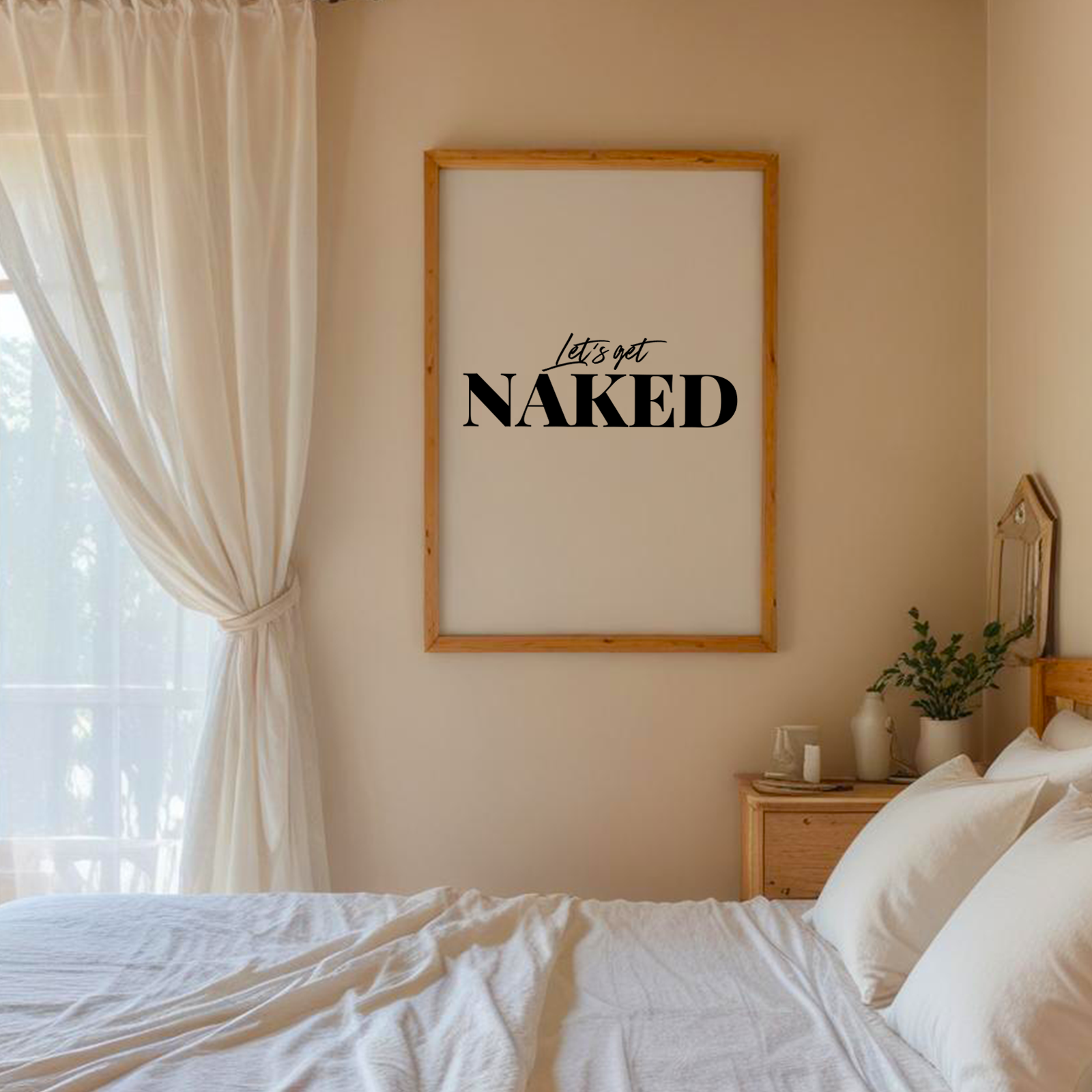 Bedroom with a framed print on the wall and a bed with white bedding.