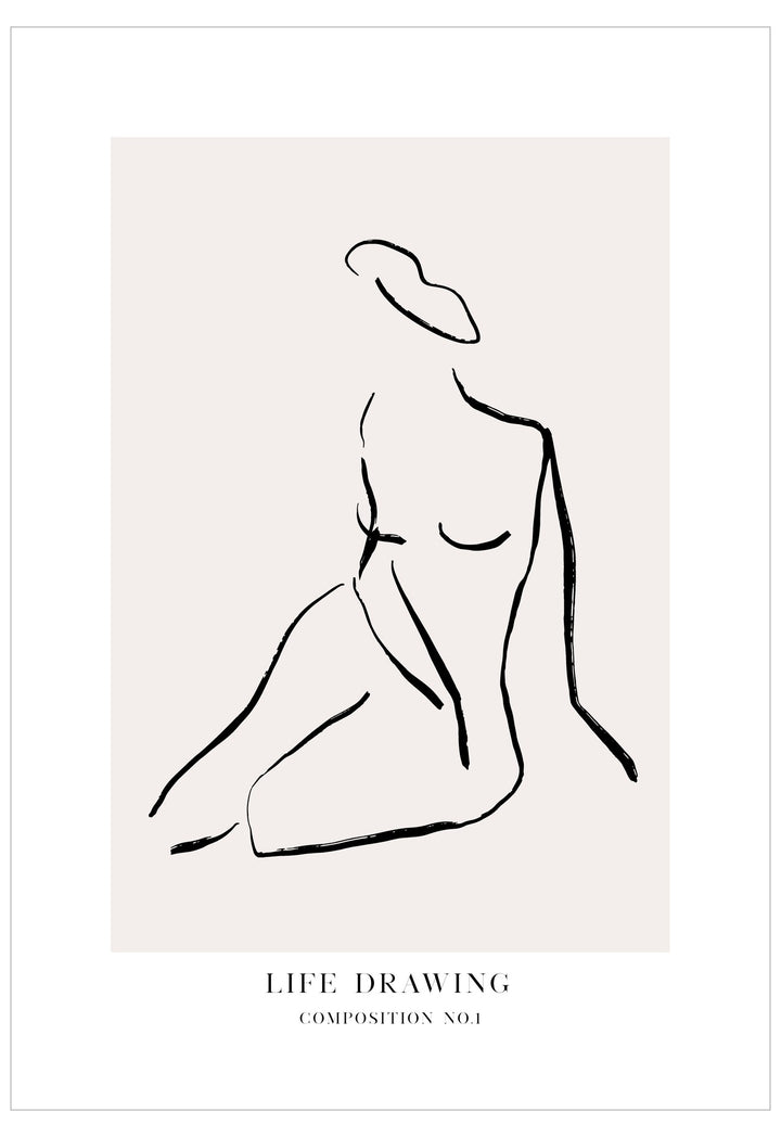 Minimalist line art of a nude figure on a light background with 'Life Drawing' text.