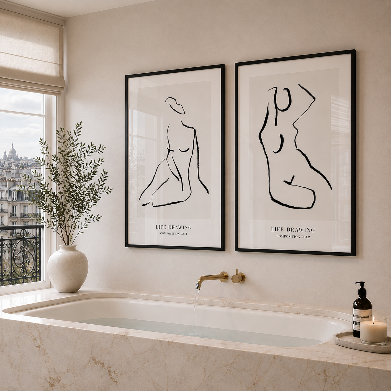 Bathroom interior with abstract art prints on the wall, a vase with plants, and a candle.