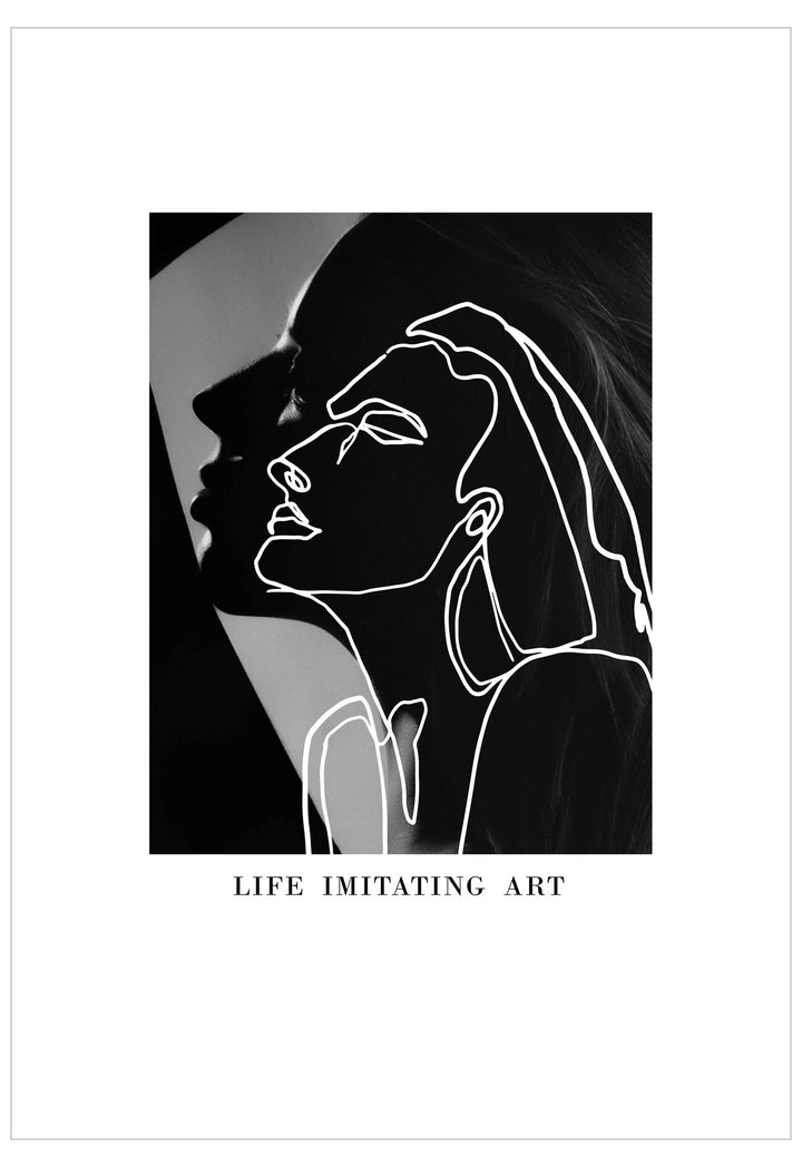 Black and white line art of a woman's face with 'Life Imitating Art' text below.