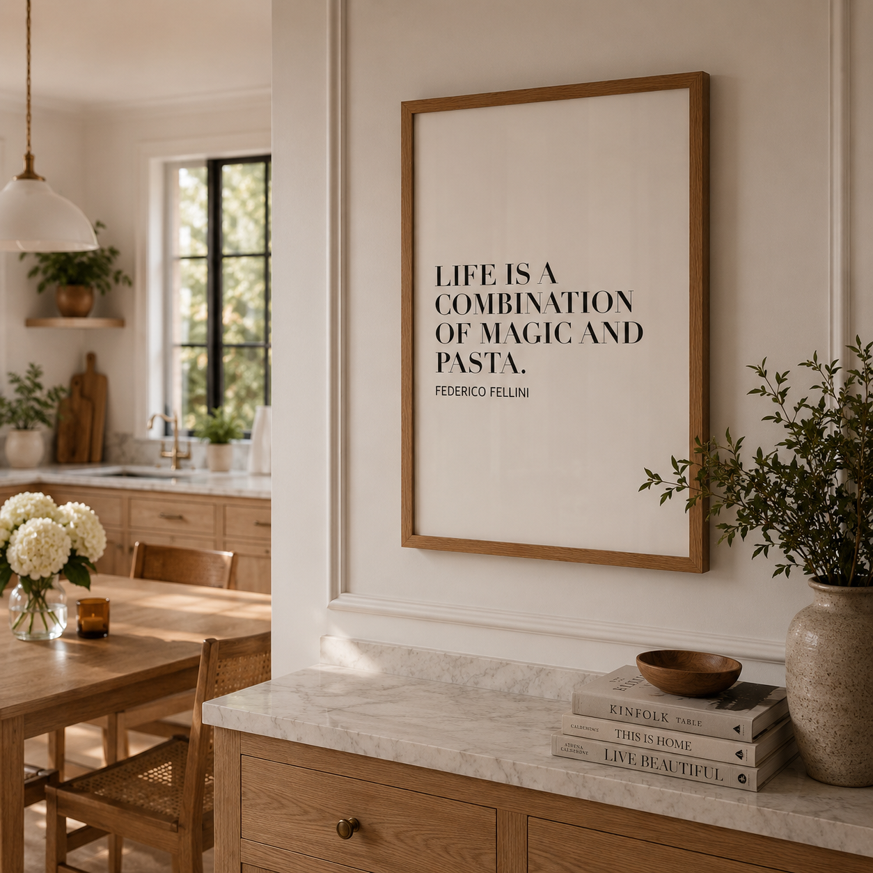 Framed quote on a wall above a kitchen counter with decor items.