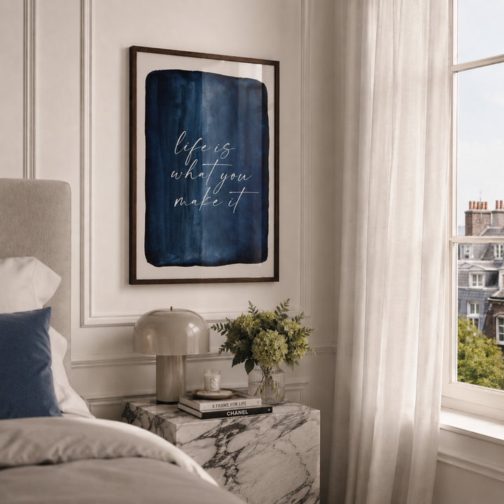 blue typography wall art in luxury london bedroom