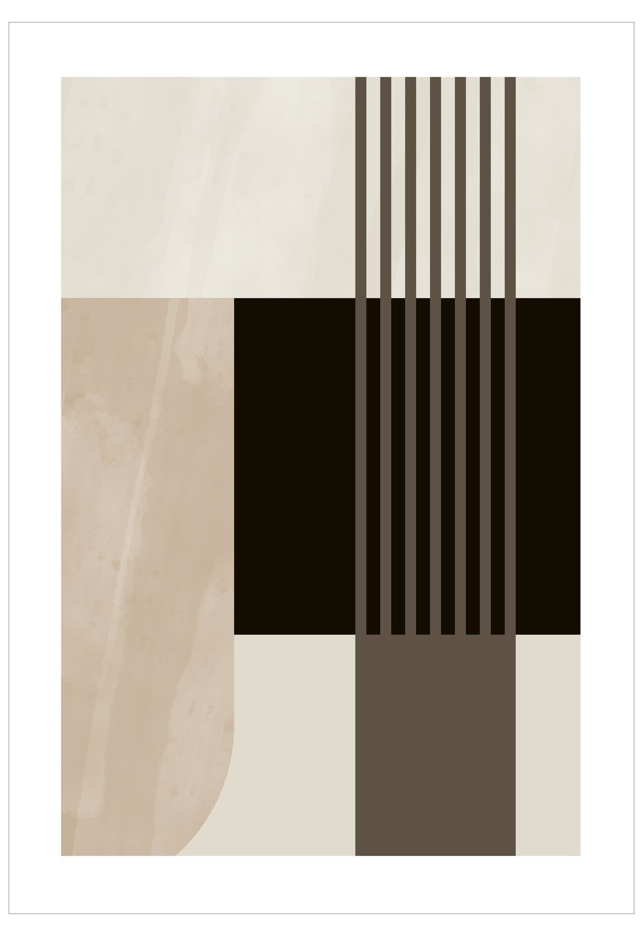 Abstract art print with geometric shapes in brown and beige on a white background