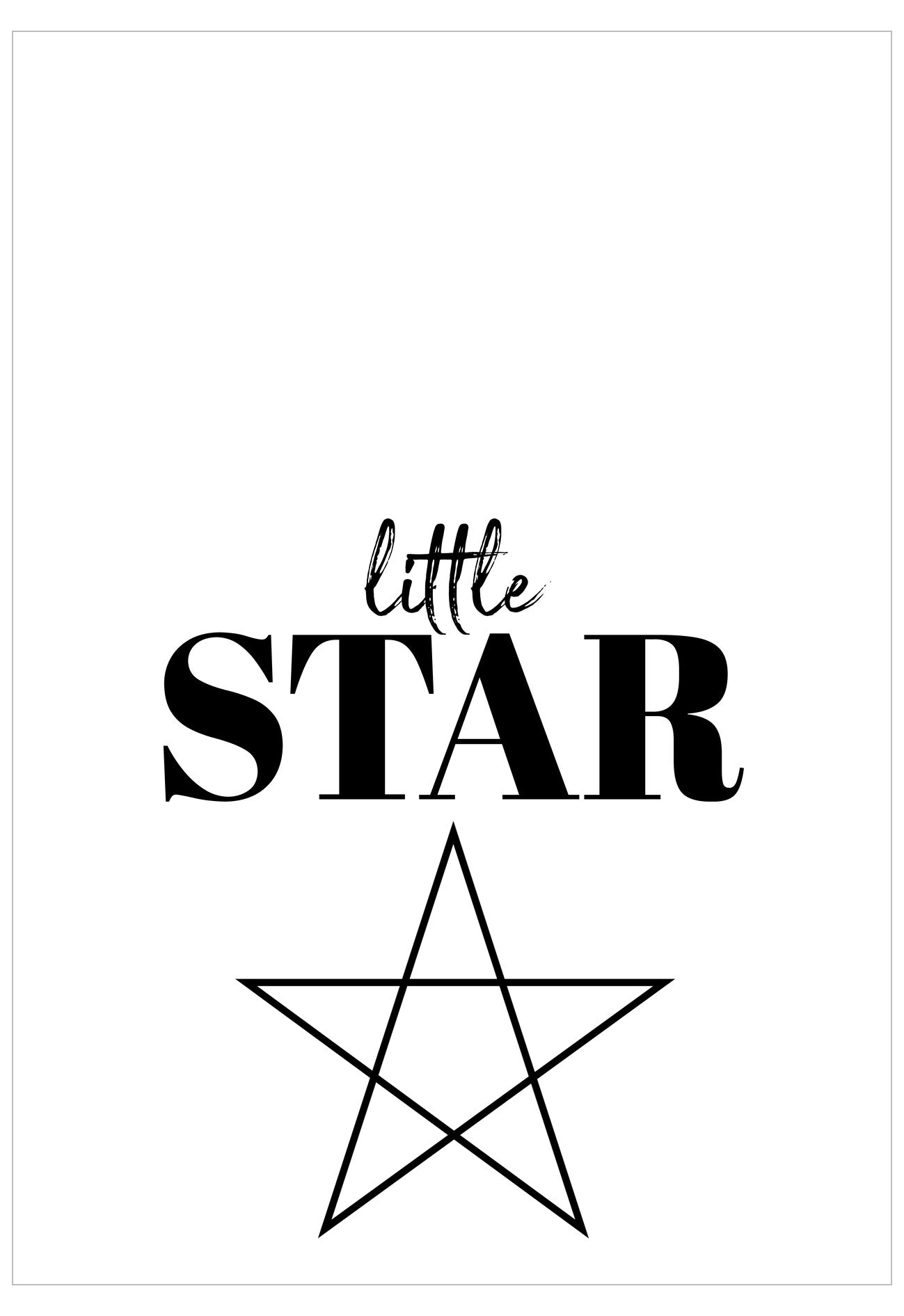 Black and white illustration of a star with 'little STAR' text on a white background