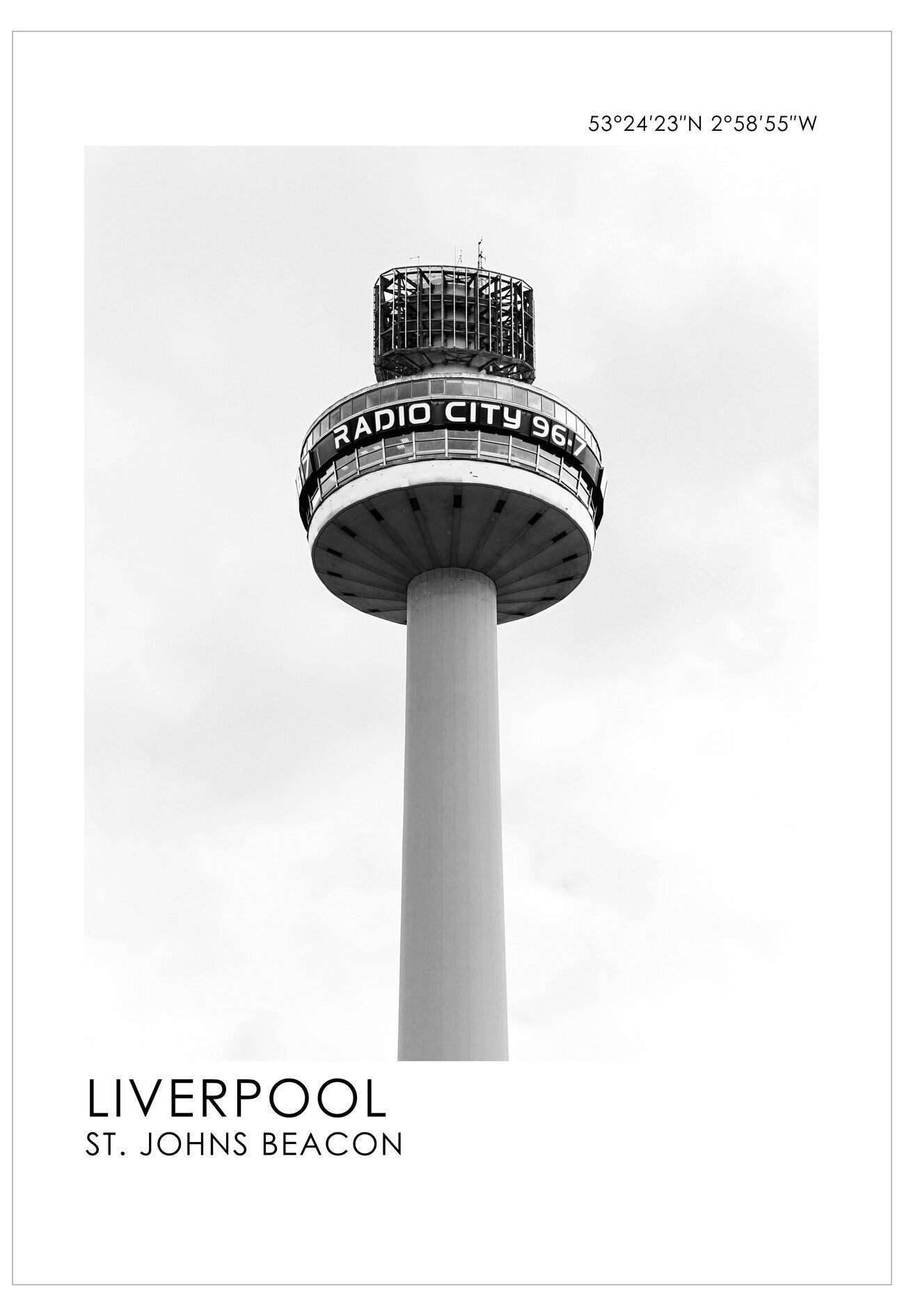 Black and white image of St. John's Beacon with 'Radio City 96.7' on top, labeled 'Liverpool'.