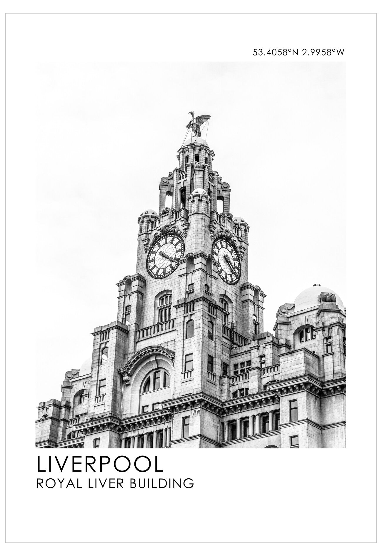 Black and white illustration of the Royal Liver Building in Liverpool with coordinates.