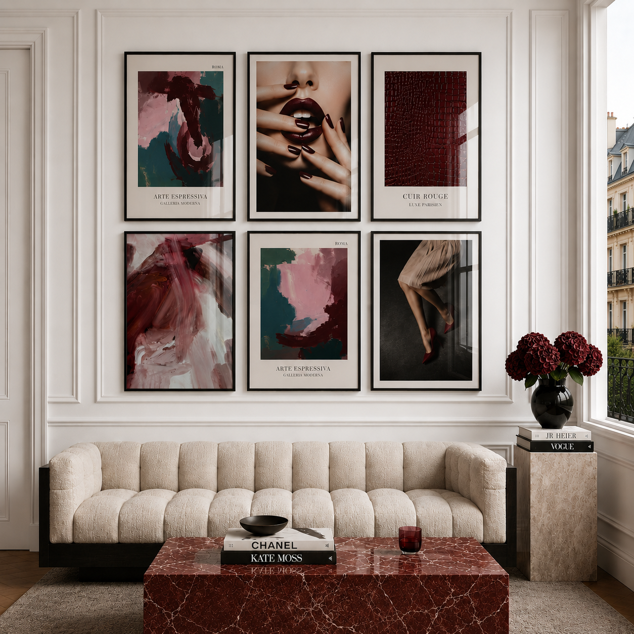 Living room with a beige sofa, marble coffee table, and framed art on the wall.