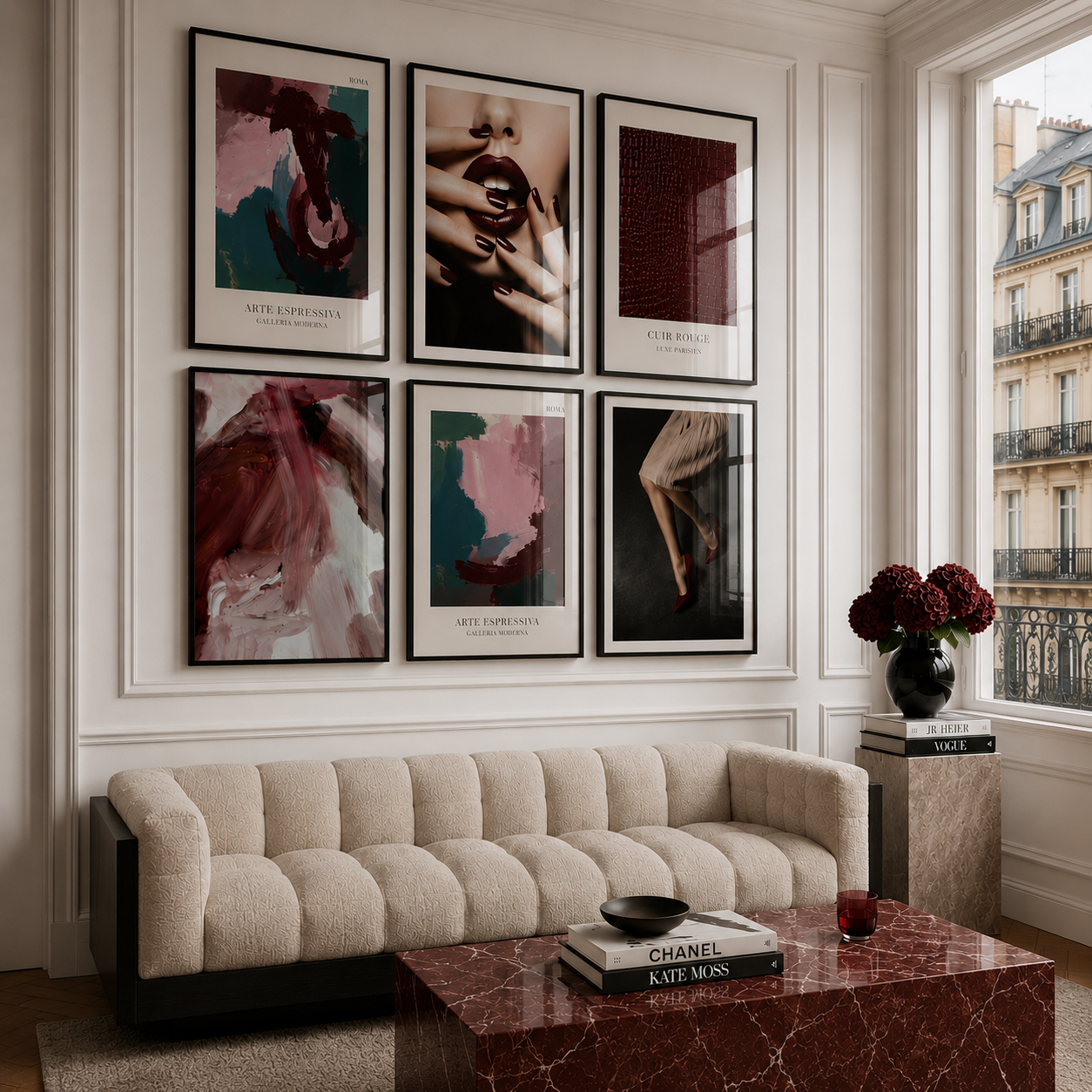 Modern living room with a beige sofa, marble coffee table, and framed art on the wall.