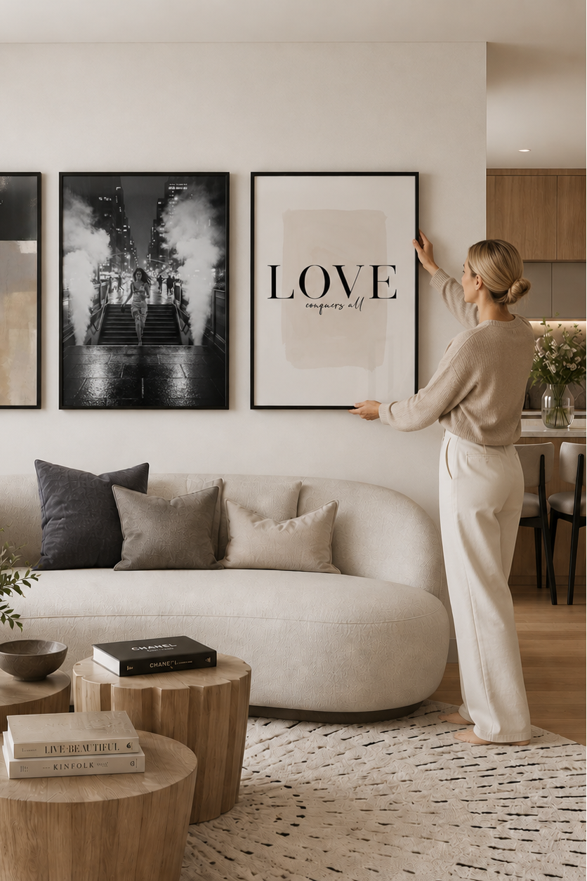 Woman hanging a framed picture in a modern living room with a beige sofa and wooden tables.