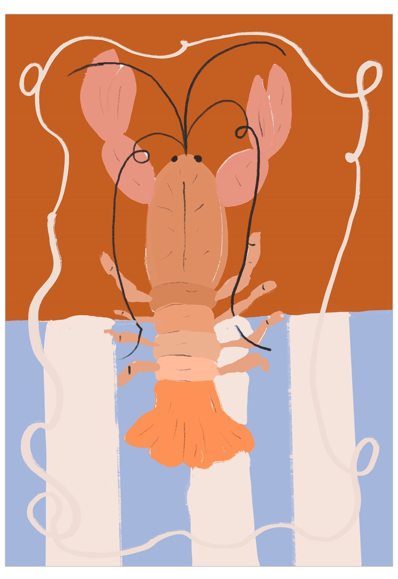 Illustration of a lobster with a striped towel on a brown and blue background