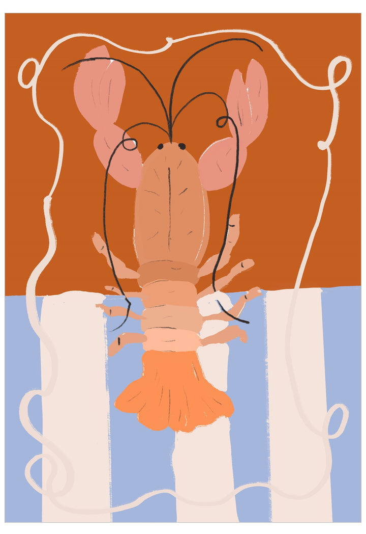 Illustration of a lobster with a striped towel on a brown and blue background