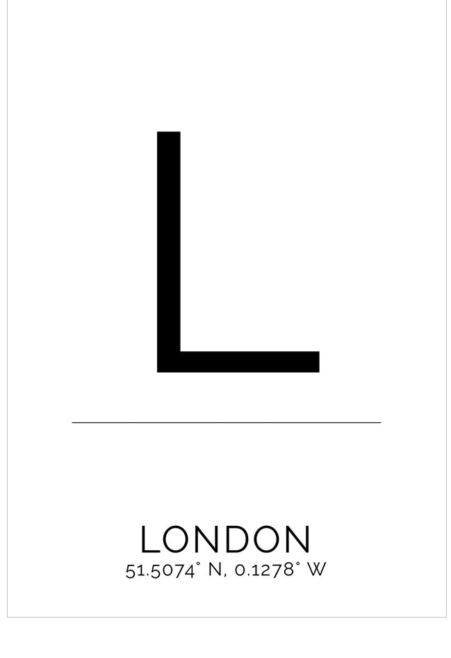 Letter 'L' with coordinates for London on a white background