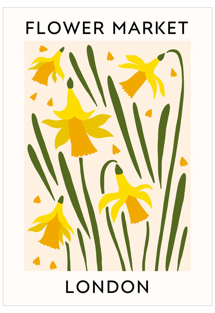 Poster with yellow flowers and green leaves on a beige background, featuring 'Flower Market London' text.