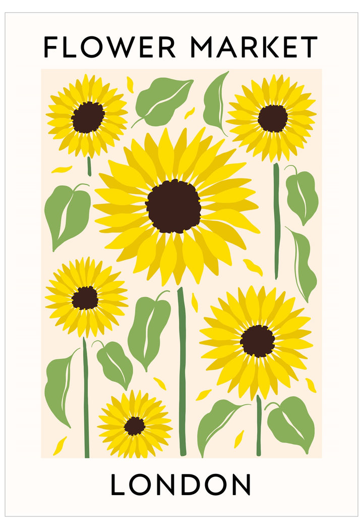 Poster with sunflowers and text 'Flower Market London' on a beige background