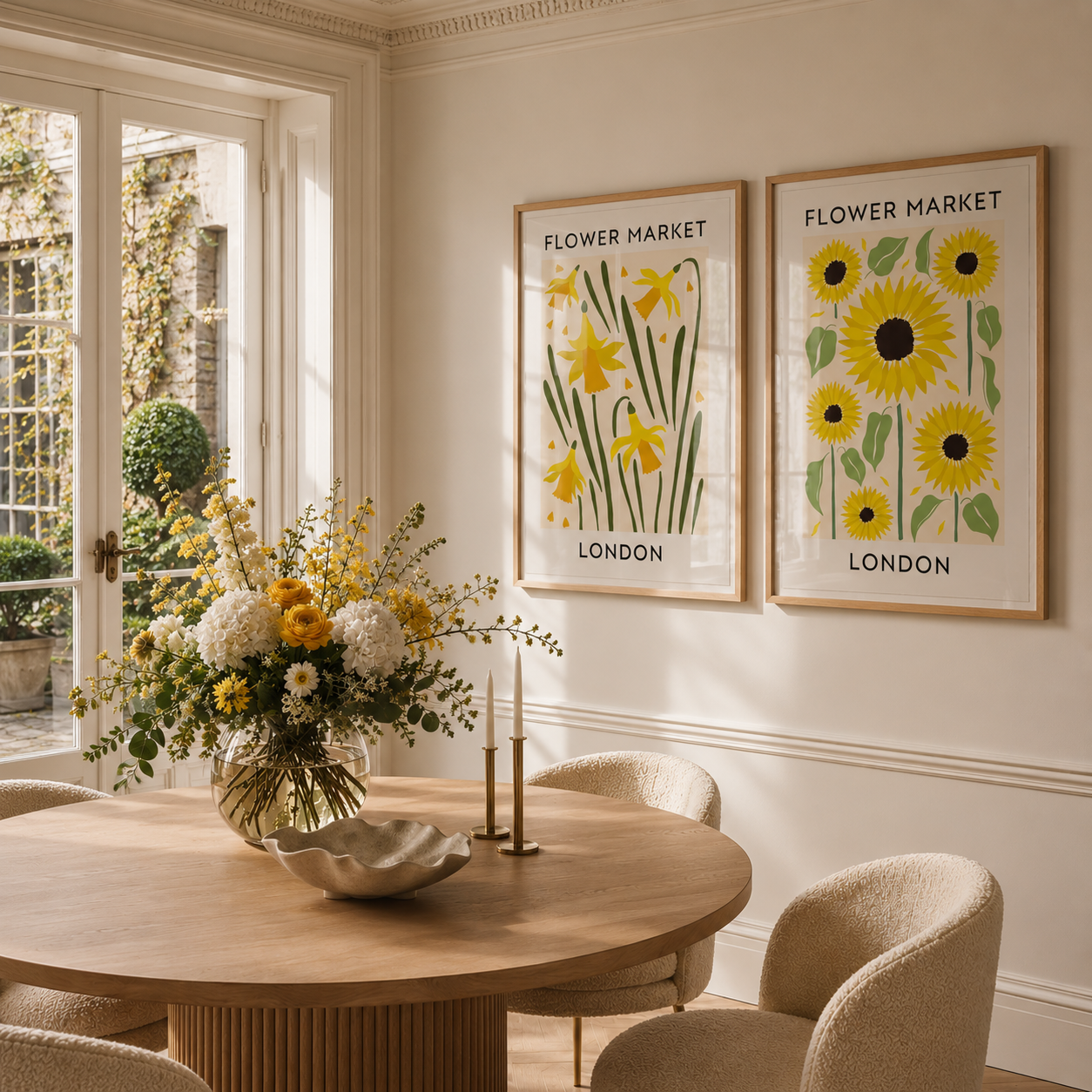 Two framed 'Flower Market London' art prints featuring yellow daffodils and sunflowers, displayed on a cream wall in a beautifully styled dining room with a wooden table and chairs.