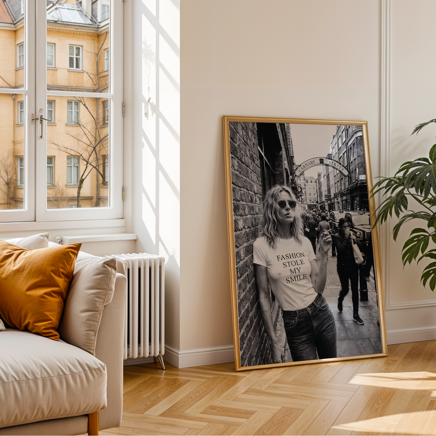 Living room with a framed photo on the wall, plant, and window view.