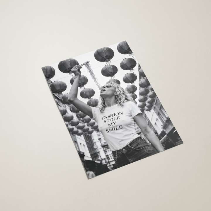 Poster with a person eating noodles on a light gray background