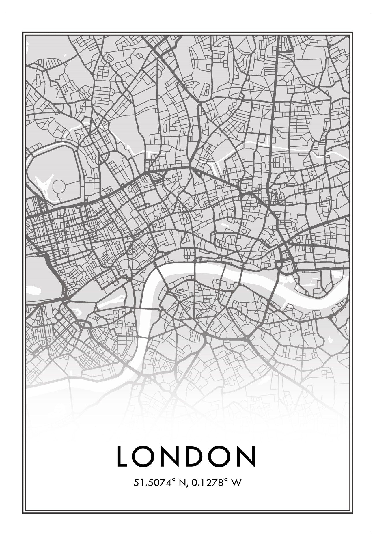 Black and white map of London with coordinates