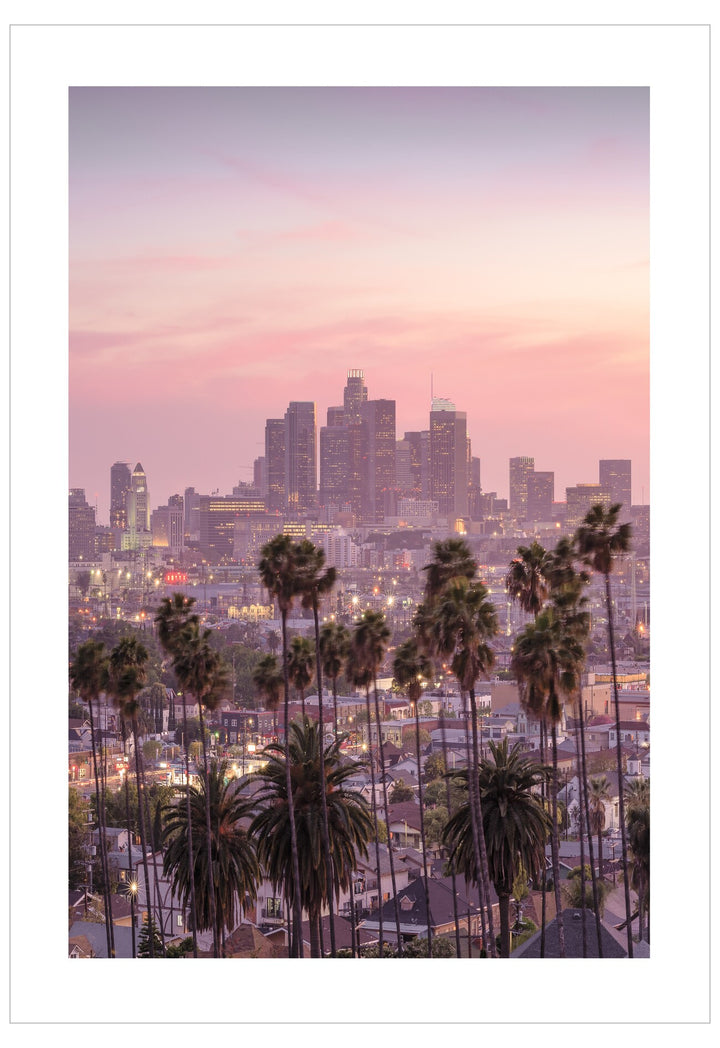 City skyline with palm trees at dusk