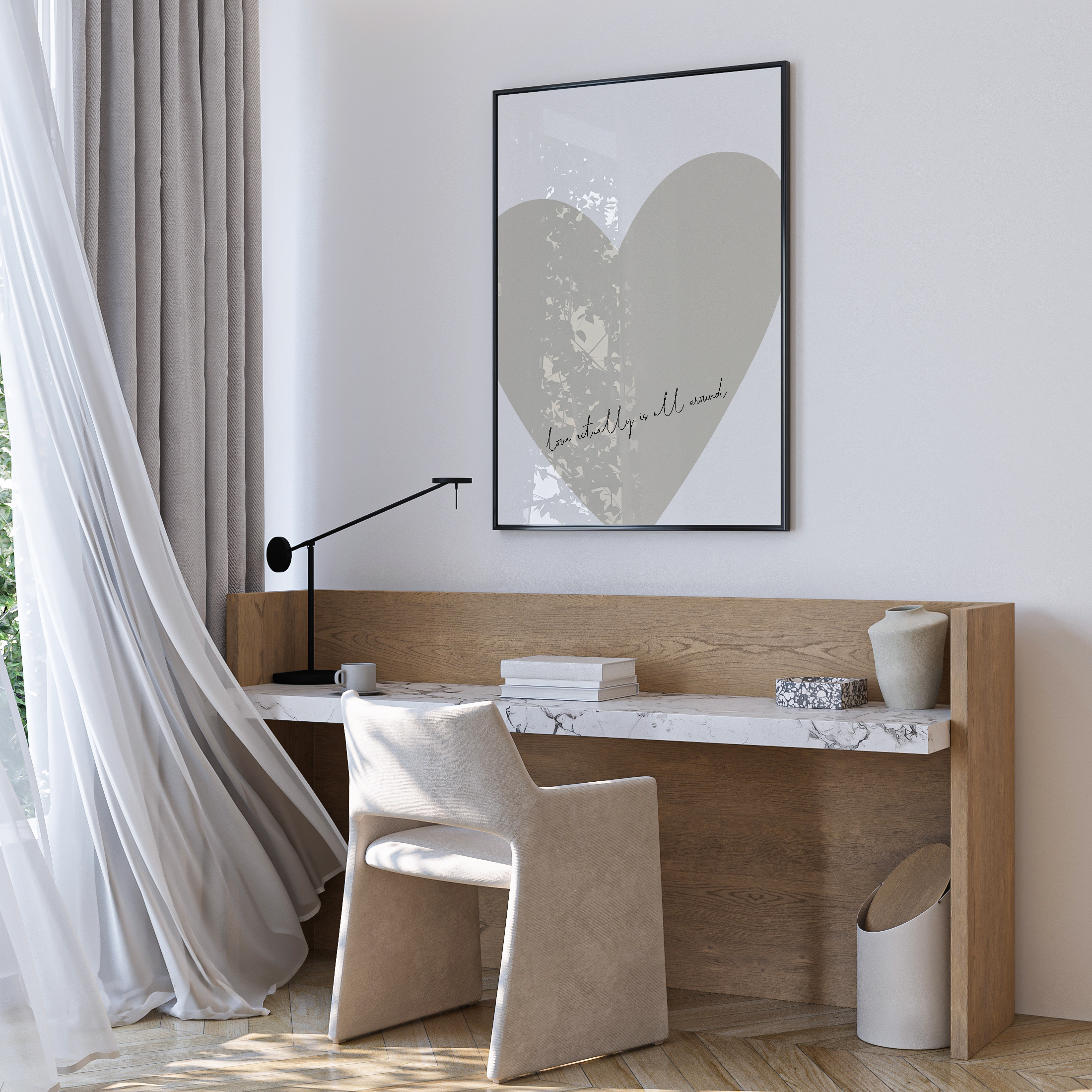 Modern home office with wooden desk, white chair, and heart-shaped artwork on the wall.