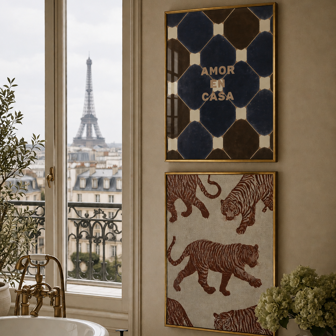 Luxurious bathroom with Eiffel Tower view, decorative wall art, and bathtub.