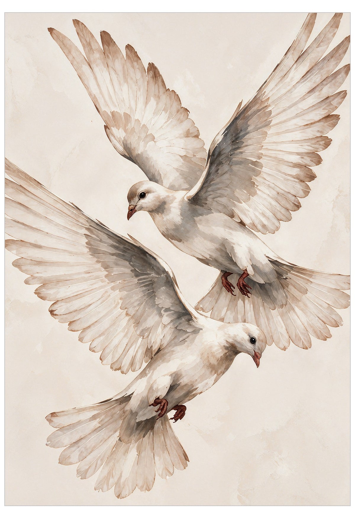 Love Birds Poster featuring two white doves in flight, illustrated in soft watercolour with sweeping wings and warm neutral cream and taupe tones.