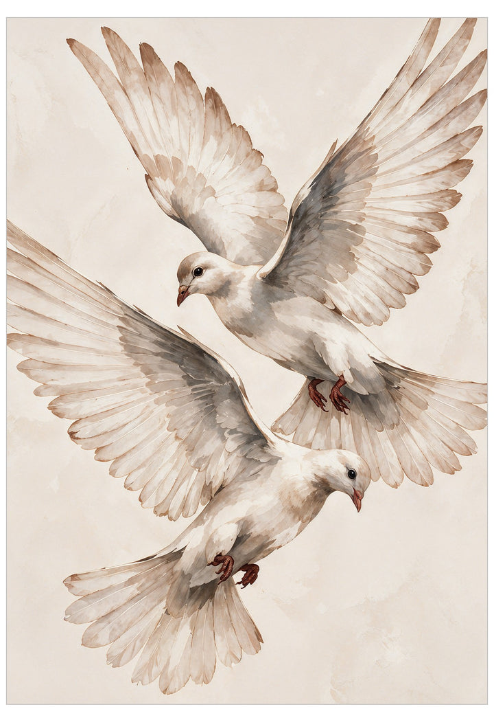 Love Birds Poster featuring two white doves in flight, illustrated in soft watercolour with sweeping wings and warm neutral cream and taupe tones.