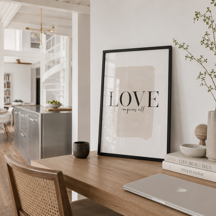 Modern kitchen with a framed picture of 'LOVE conquers all' on a wooden table.
