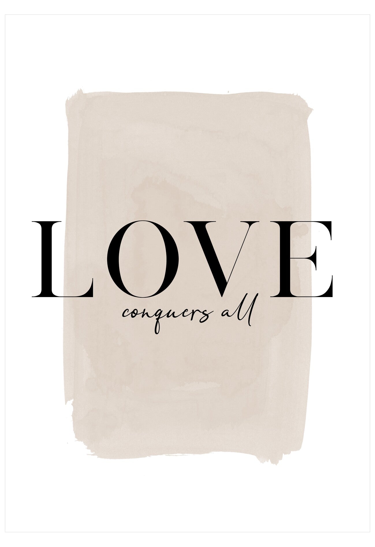 Beige blanket with 'LOVE conquers all' text on a white background