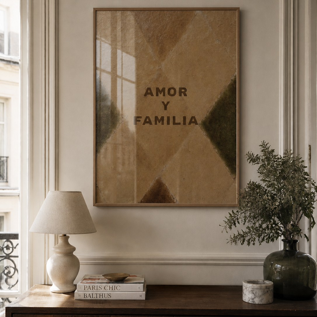 Framed artwork with 'AMOR Y FAMILIA' on a wall above a wooden cabinet with decor items.