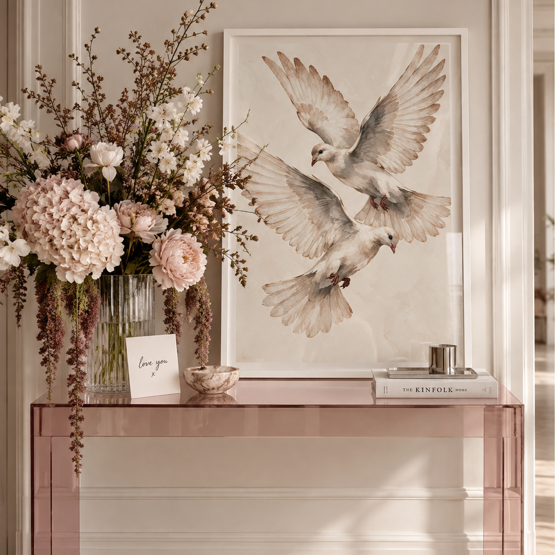 Love Birds Poster featuring two white doves in flight, illustrated in soft watercolour with sweeping wings and warm neutral cream and taupe tones.