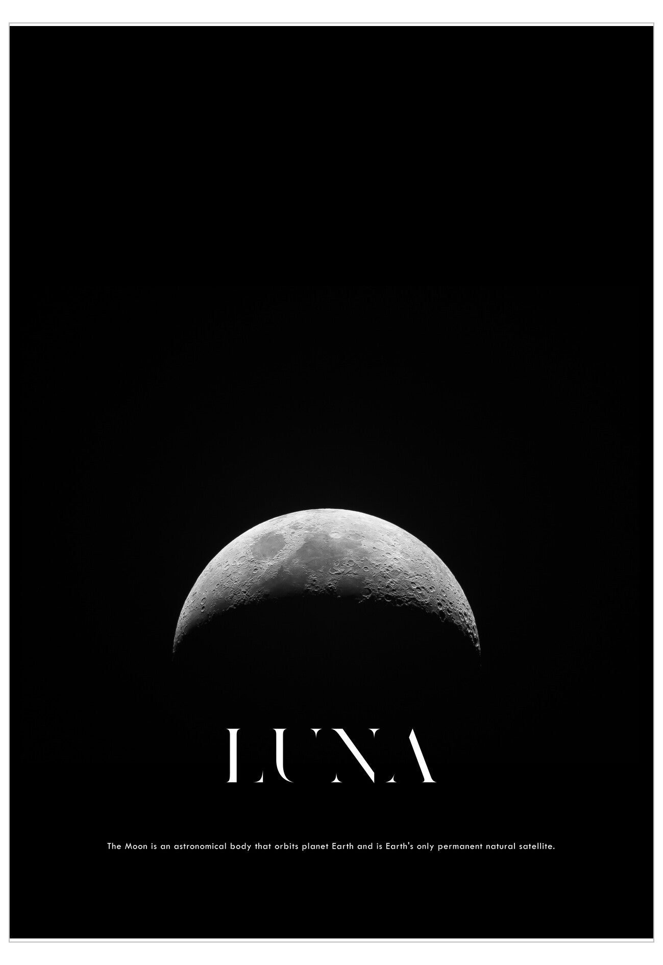 Black and white poster with a moon illustration and the word 'LUNA' on a black background.