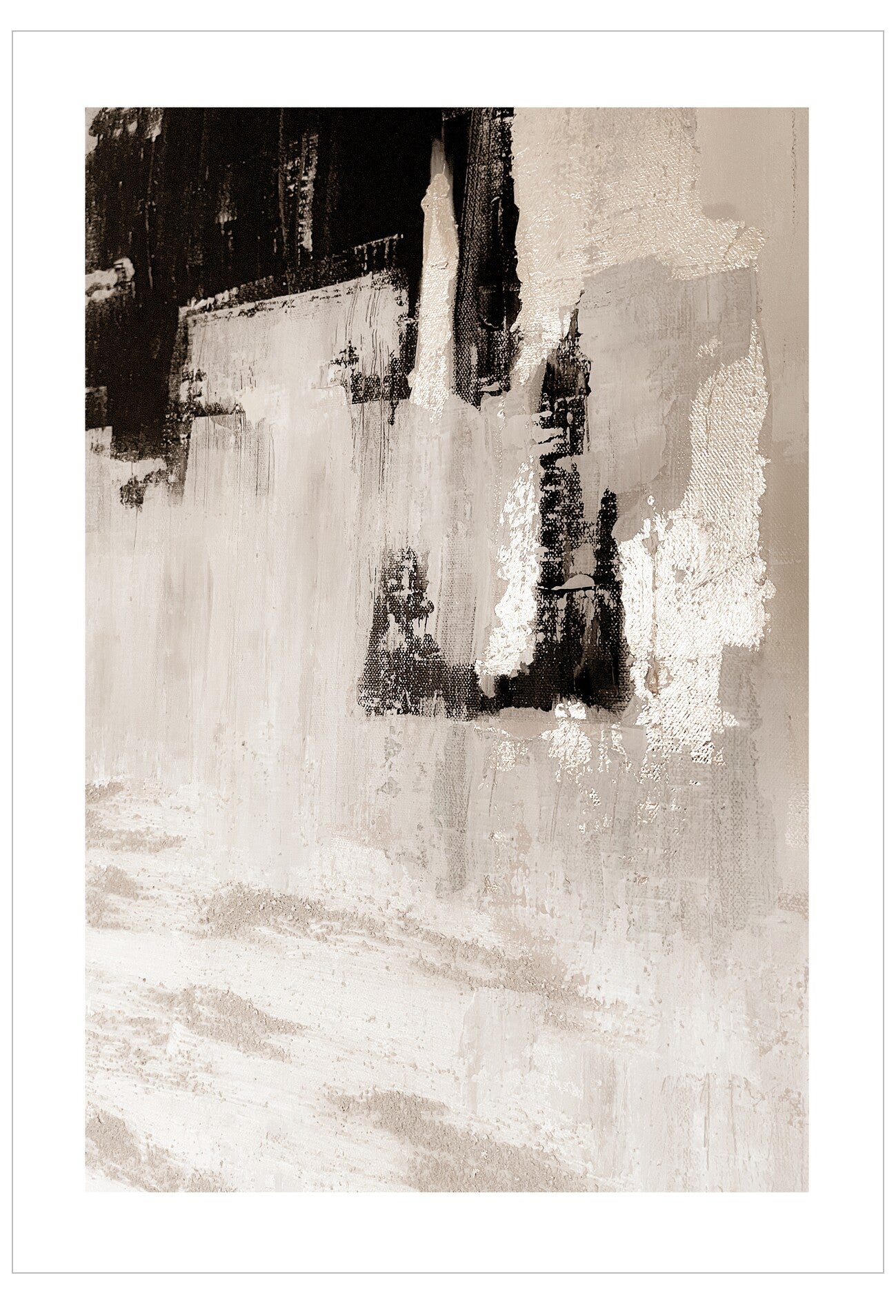 Abstract art print with black and white brush strokes on a textured beige background