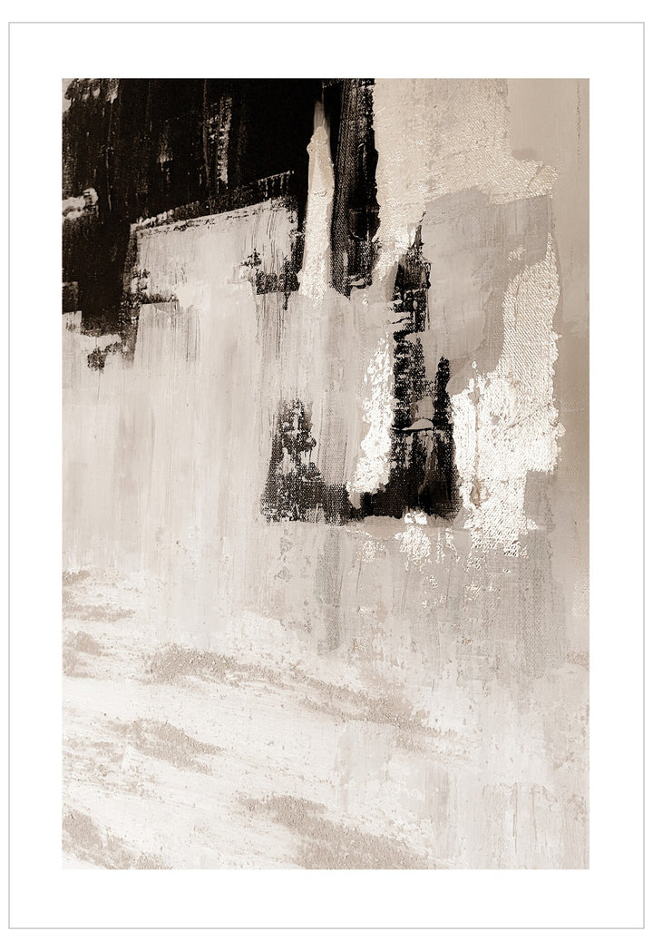 Abstract art print with black and white brush strokes on a textured beige background
