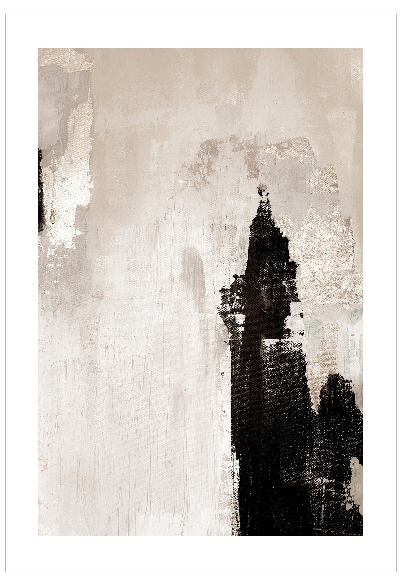 Abstract art piece with black and white elements on a textured background