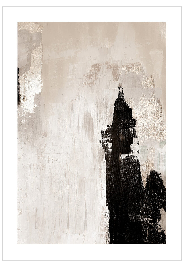 Abstract art piece with black and white elements on a textured background